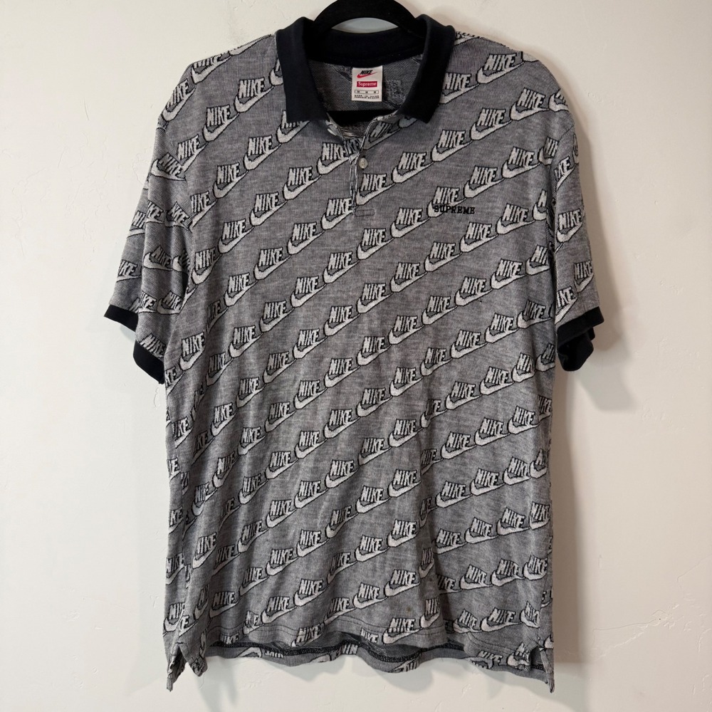 Supreme x Nike Mens Jaquard Polo Shirt M Gray Black Logo Short Sleeve AR5569-010